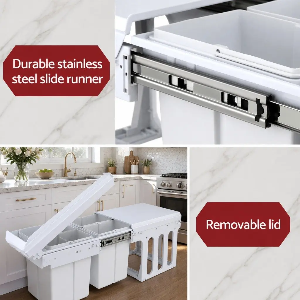 Pull Out Bin White 31L Triple Slide Garbage Waste Bins Cabinet Basket