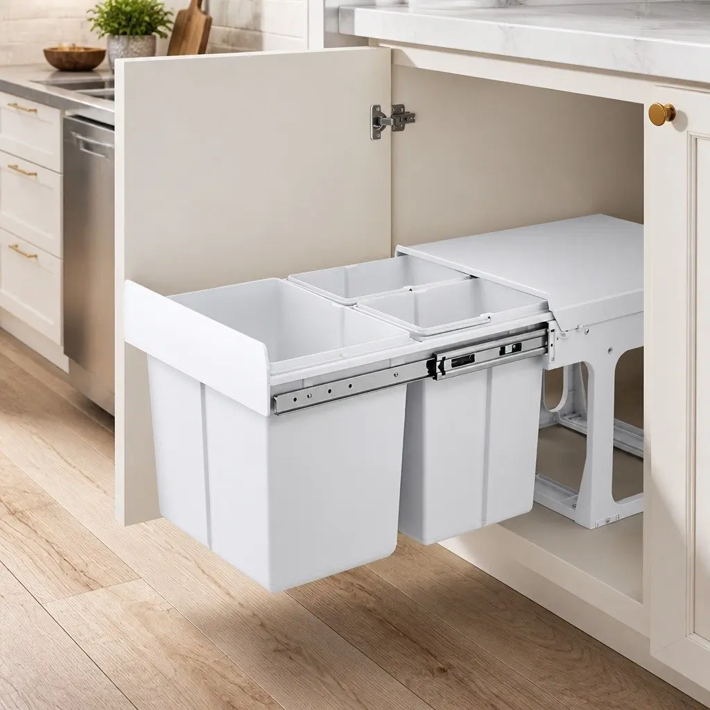 Pull Out Bin White 31L Triple Slide Garbage Waste Bins Cabinet Basket