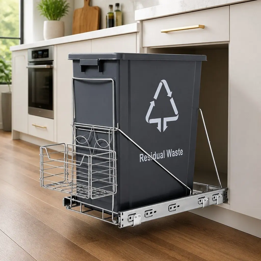 Pull Out Bin Black 40L Slide Garbage Waste Basket Space Saving Under Cabinet Storage