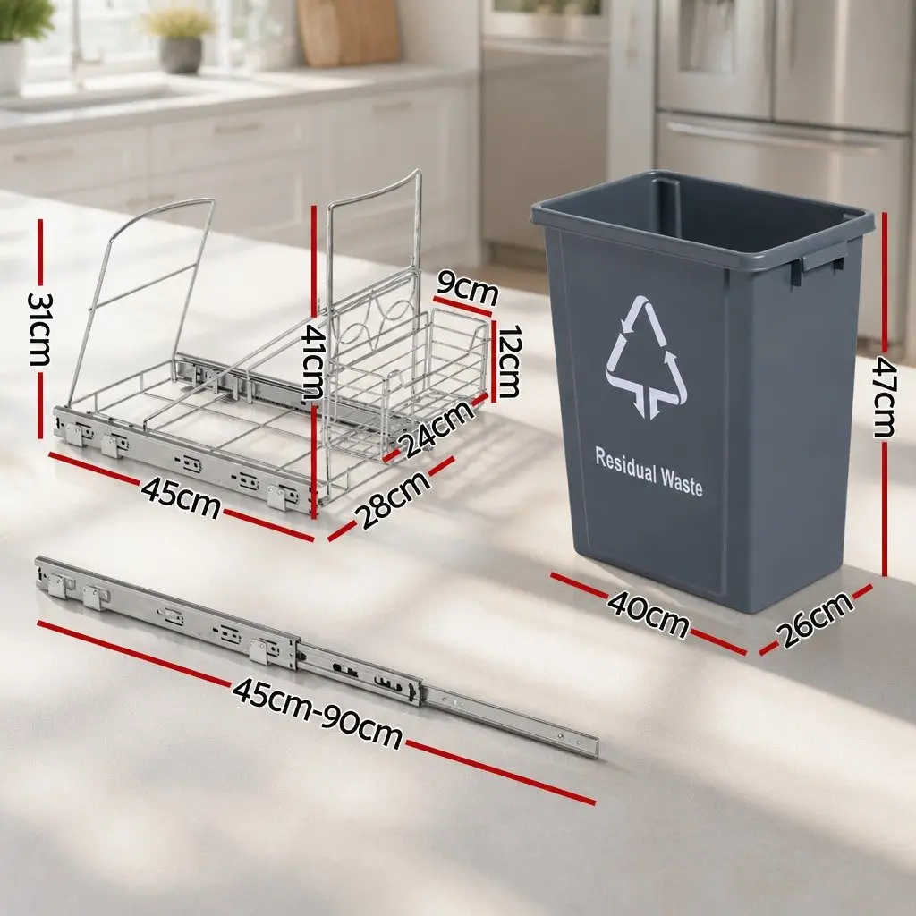 Pull Out Bin Black 40L Slide Garbage Waste Basket Space Saving Under Cabinet Storage