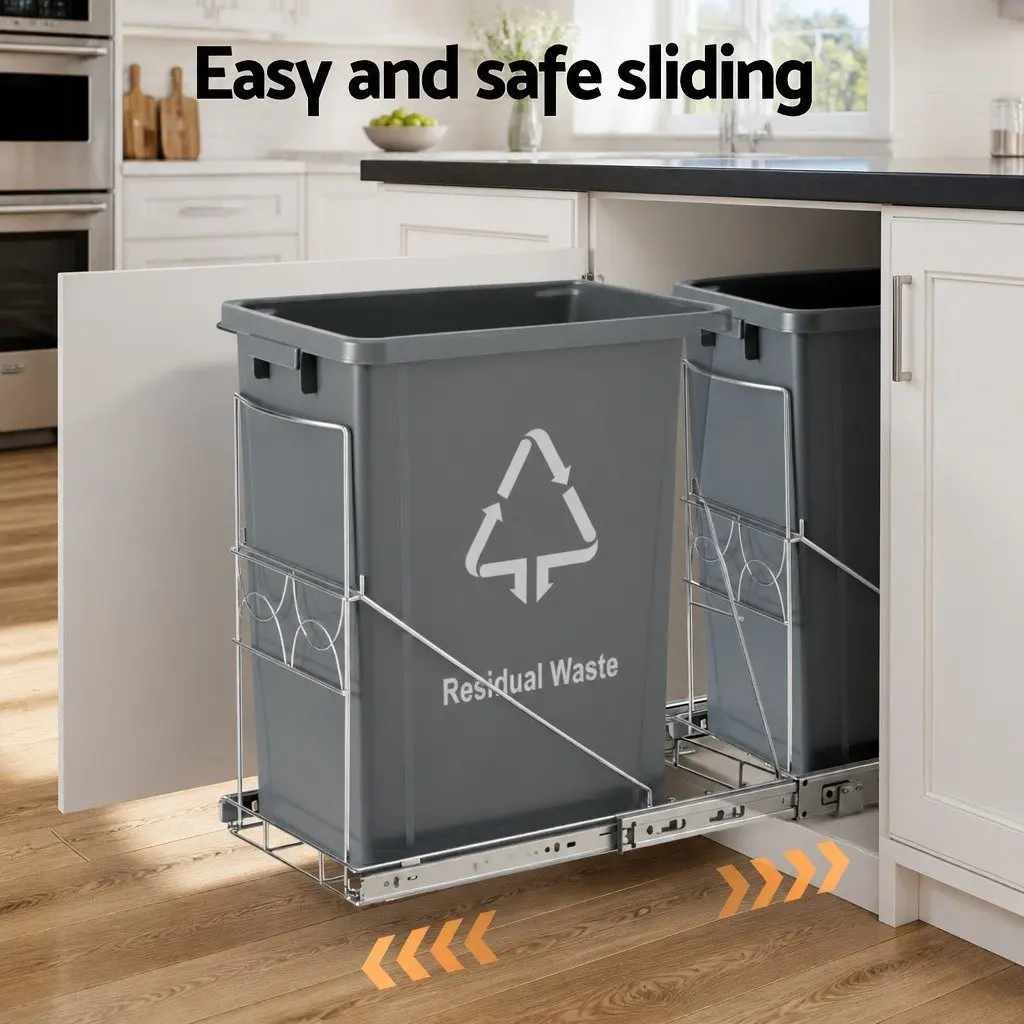 Pull Out Bin Black 40L Slide Garbage Waste Basket Space Saving Under Cabinet Storage