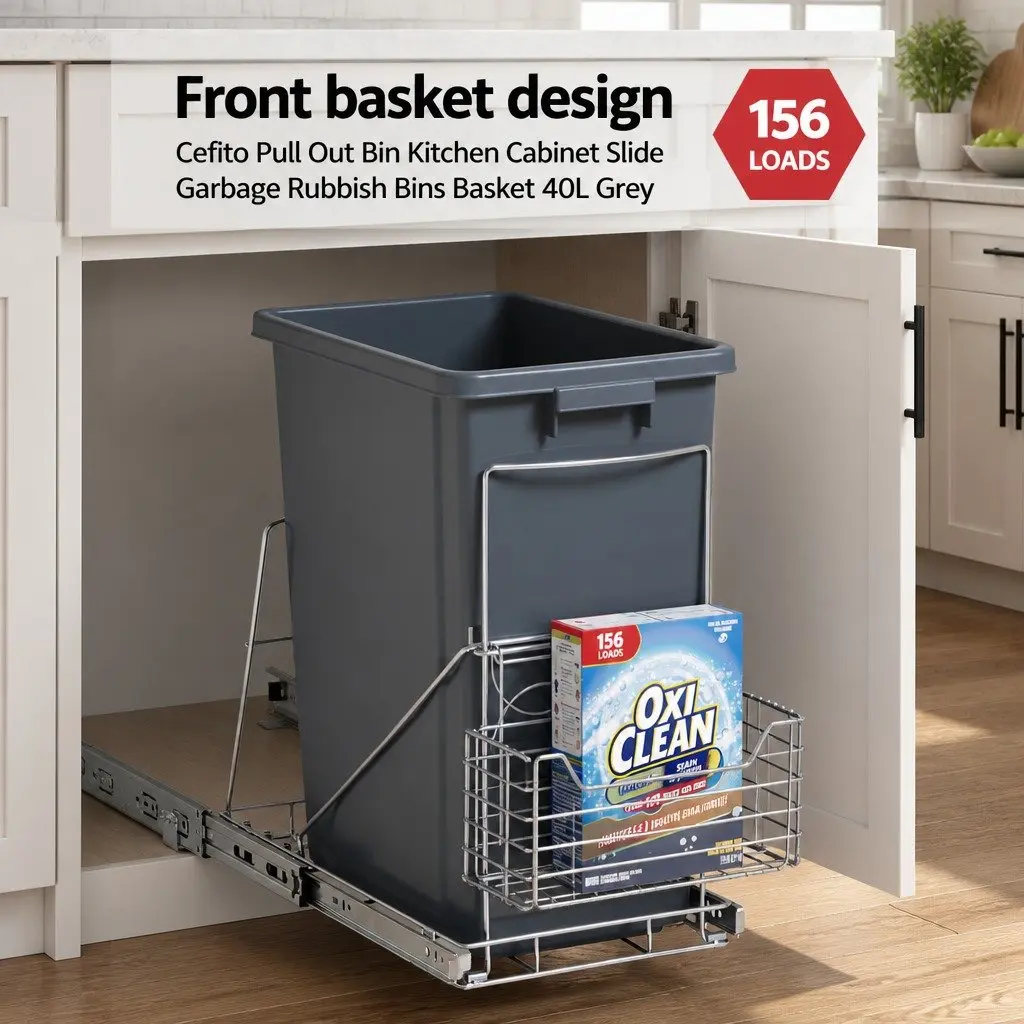 Pull Out Bin Black 40L Slide Garbage Waste Basket Space Saving Under Cabinet Storage