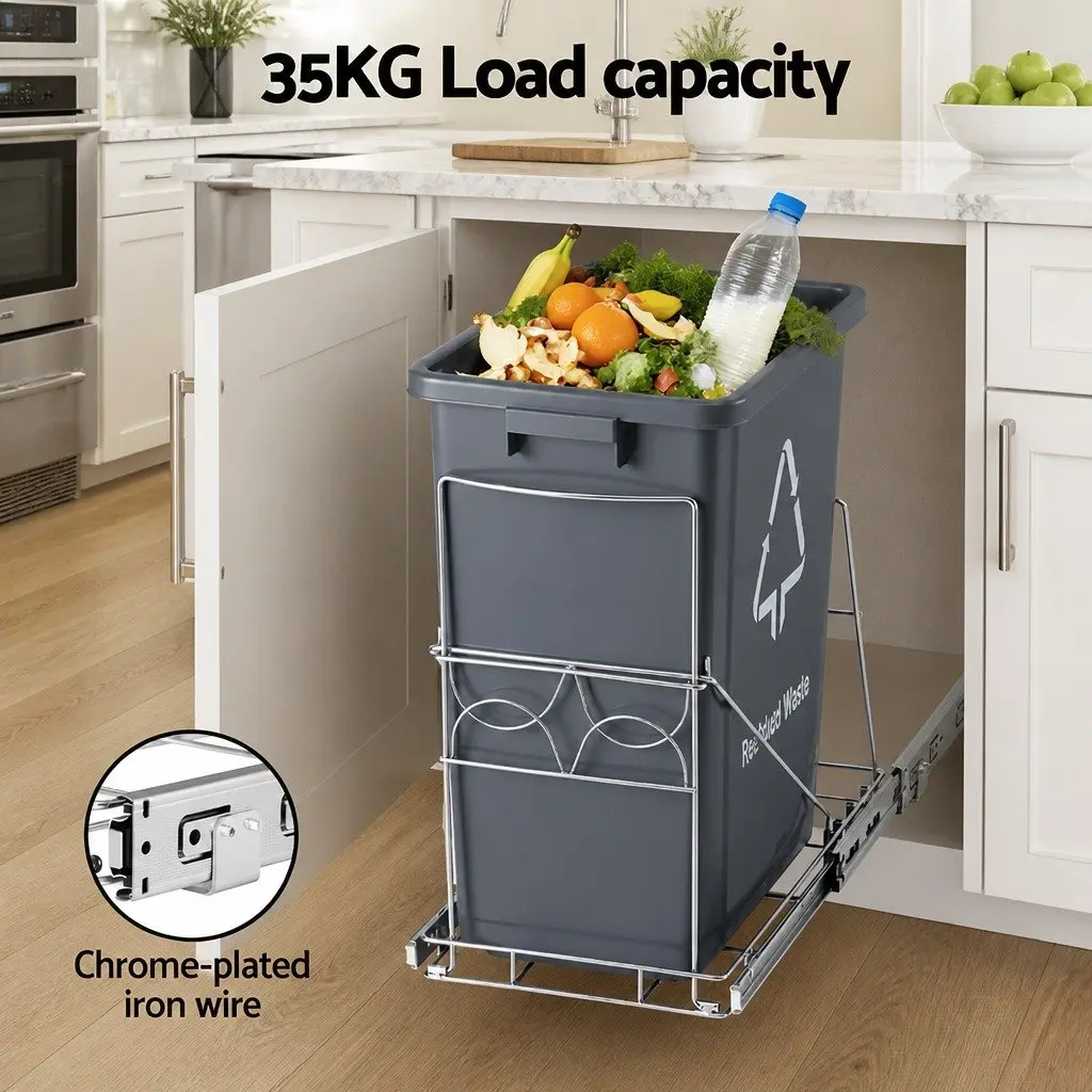 Pull Out Bin Black 40L Slide Garbage Waste Basket Space Saving Under Cabinet Storage