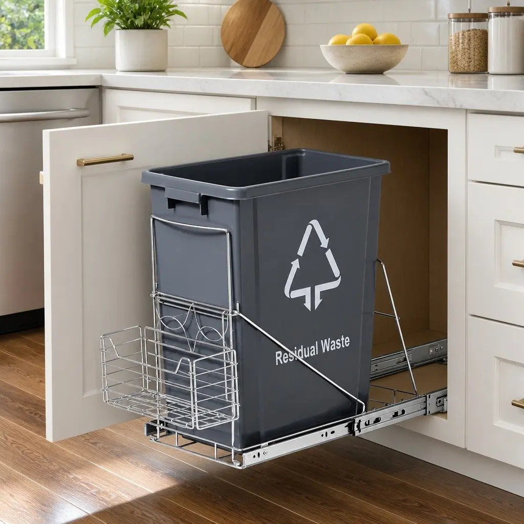 Pull Out Bin Black 40L Slide Garbage Waste Basket Space Saving Under Cabinet Storage