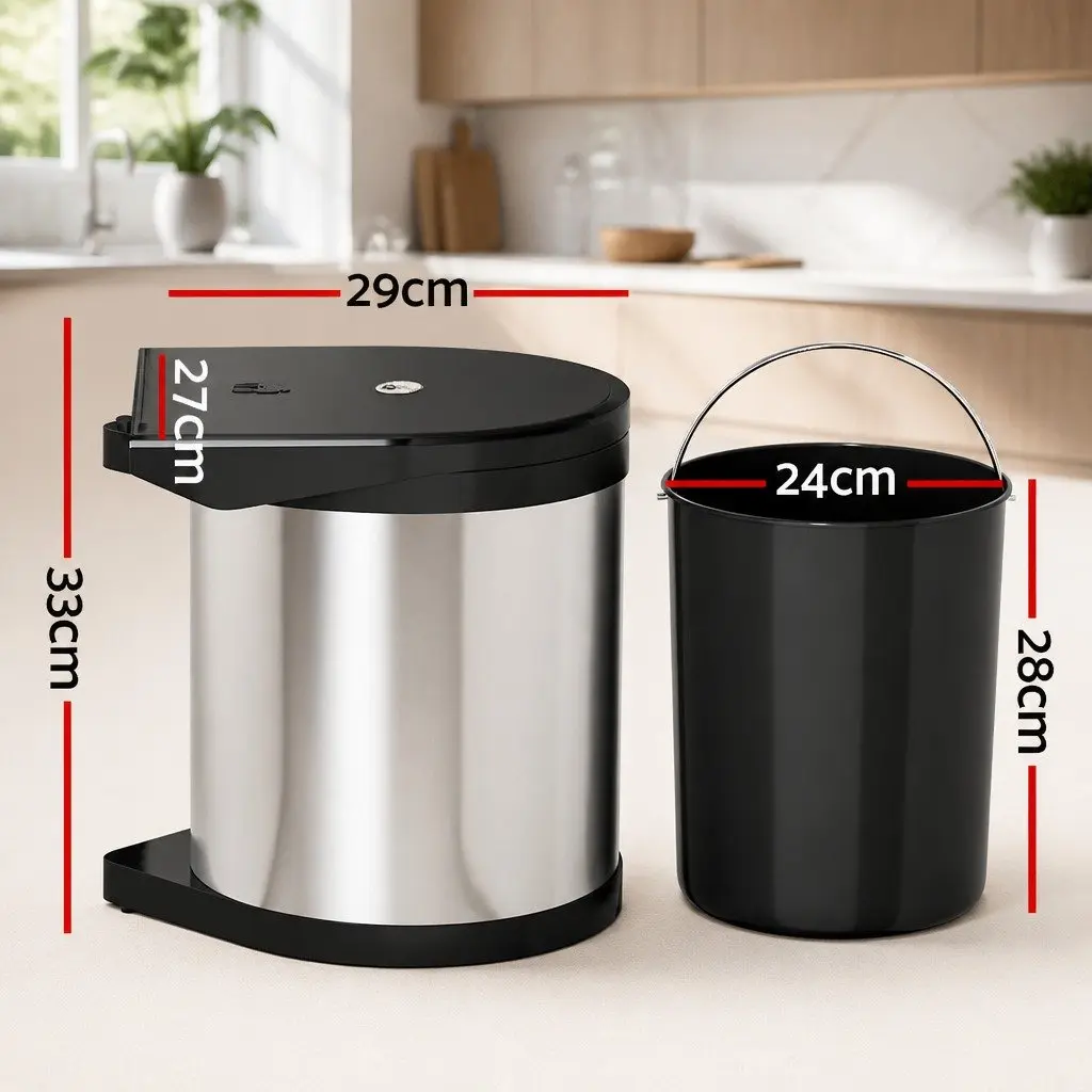 Pull Out Bin Silver 12L Auto Open Lid Removable Inner Bin