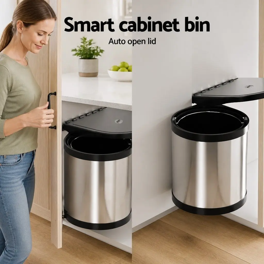 Pull Out Bin Silver 12L Auto Open Lid Removable Inner Bin