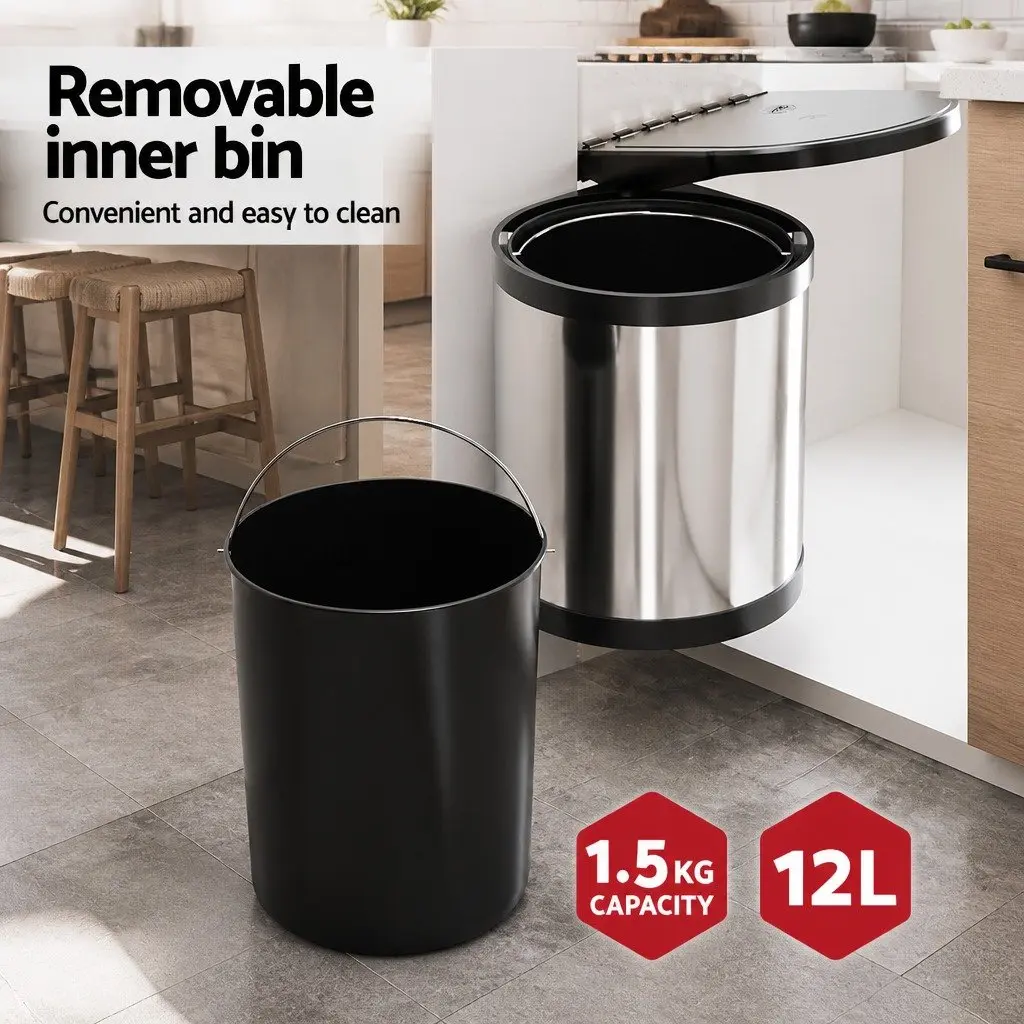 Pull Out Bin Silver 12L Auto Open Lid Removable Inner Bin