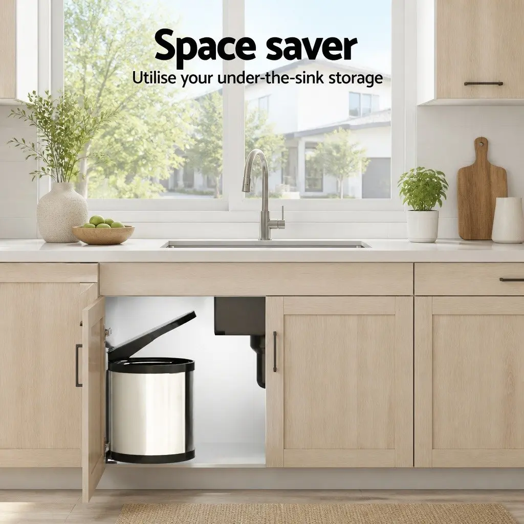 Pull Out Bin Silver 12L Auto Open Lid Removable Inner Bin