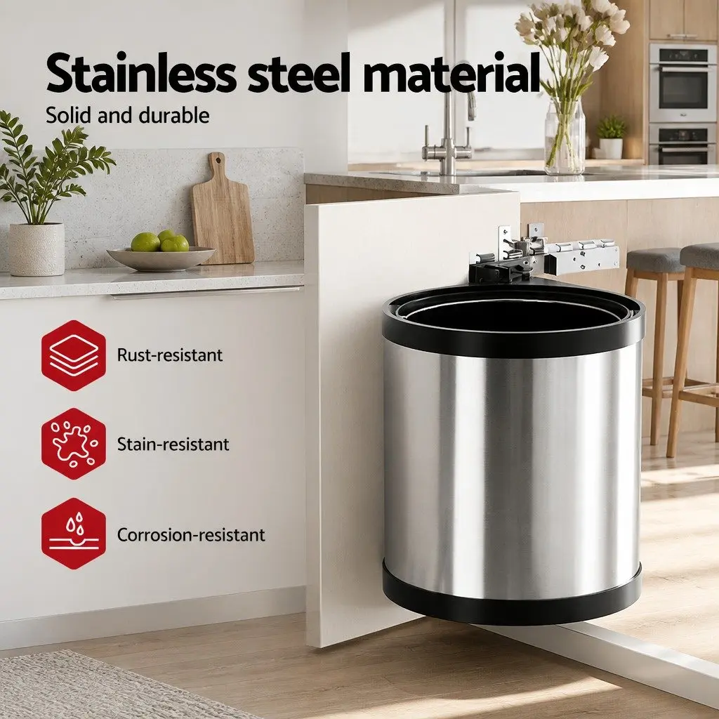 Pull Out Bin Silver 12L Auto Open Lid Removable Inner Bin