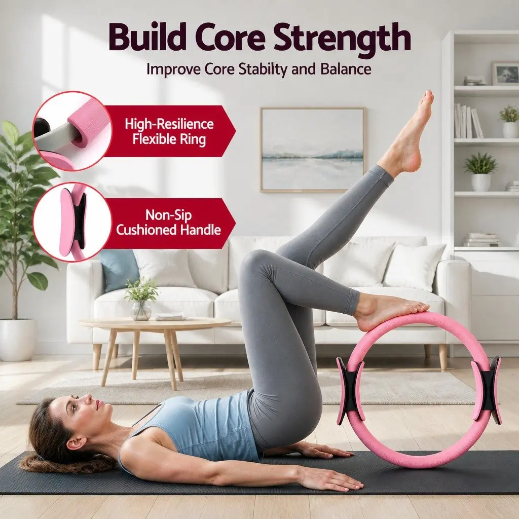 Pilates Ring Set Pink 15 Piece Home Workout Kit with Mini Yoga Ball Resistance Bands and Core Sliders