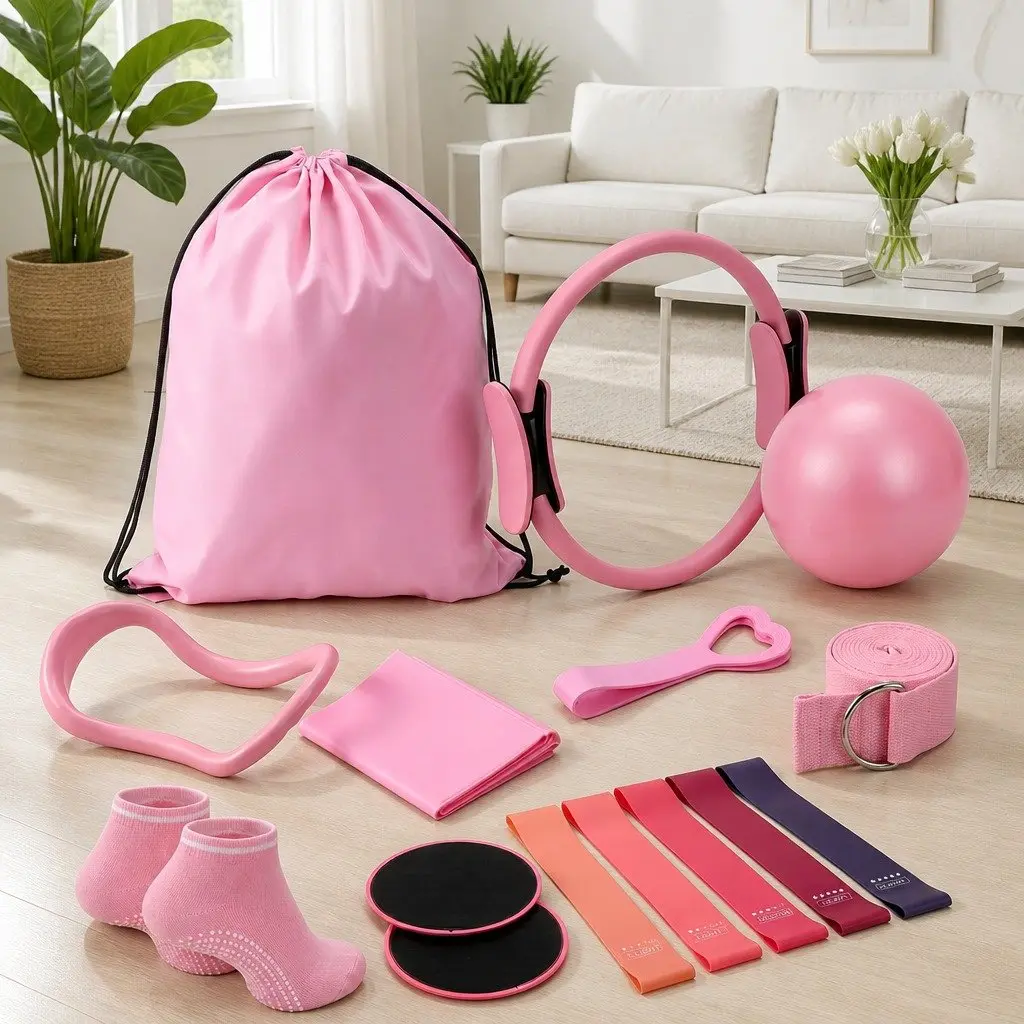 Pilates Ring Set Pink 15 Piece Home Workout Kit with Mini Yoga Ball Resistance Bands and Core Sliders