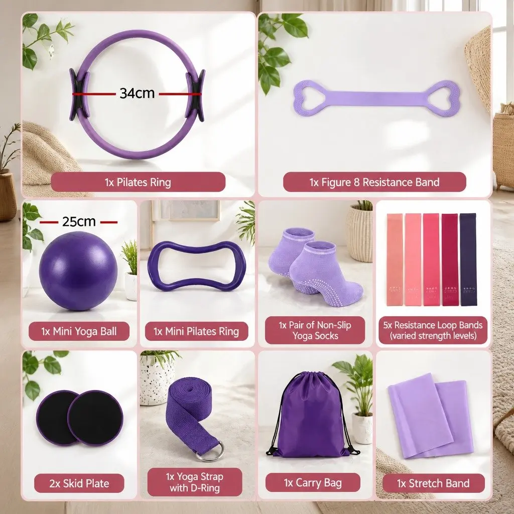 Pilates Ring Set Purple 34cm Core Stability 25cm Mini Yoga Ball Resistance Bands 15 Piece Home Workout Equipment