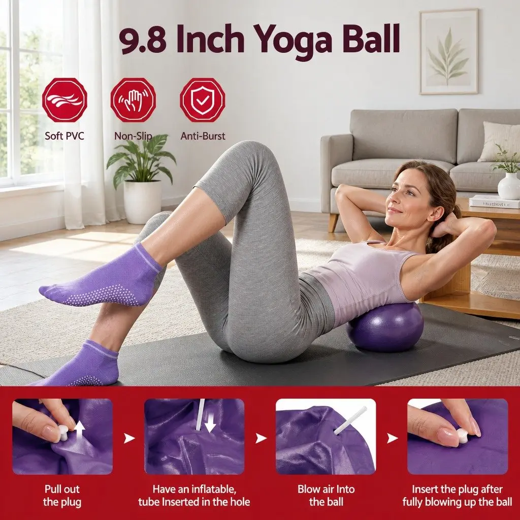 Pilates Ring Set Purple 34cm Core Stability 25cm Mini Yoga Ball Resistance Bands 15 Piece Home Workout Equipment