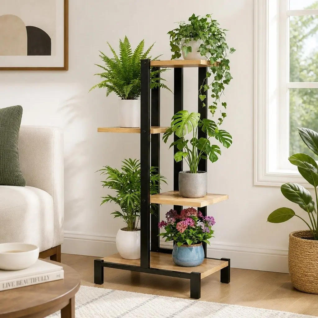 4-Tier Plant Stand Metal Frame Flower Pots Shelf Indoor Outdoor Garden Display