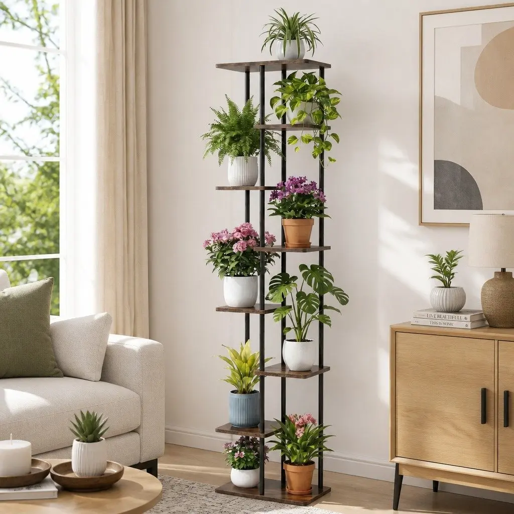 8-Tier Plant Stand Metal Flower Shelf Indoor Outdoor Garden Display Organiser