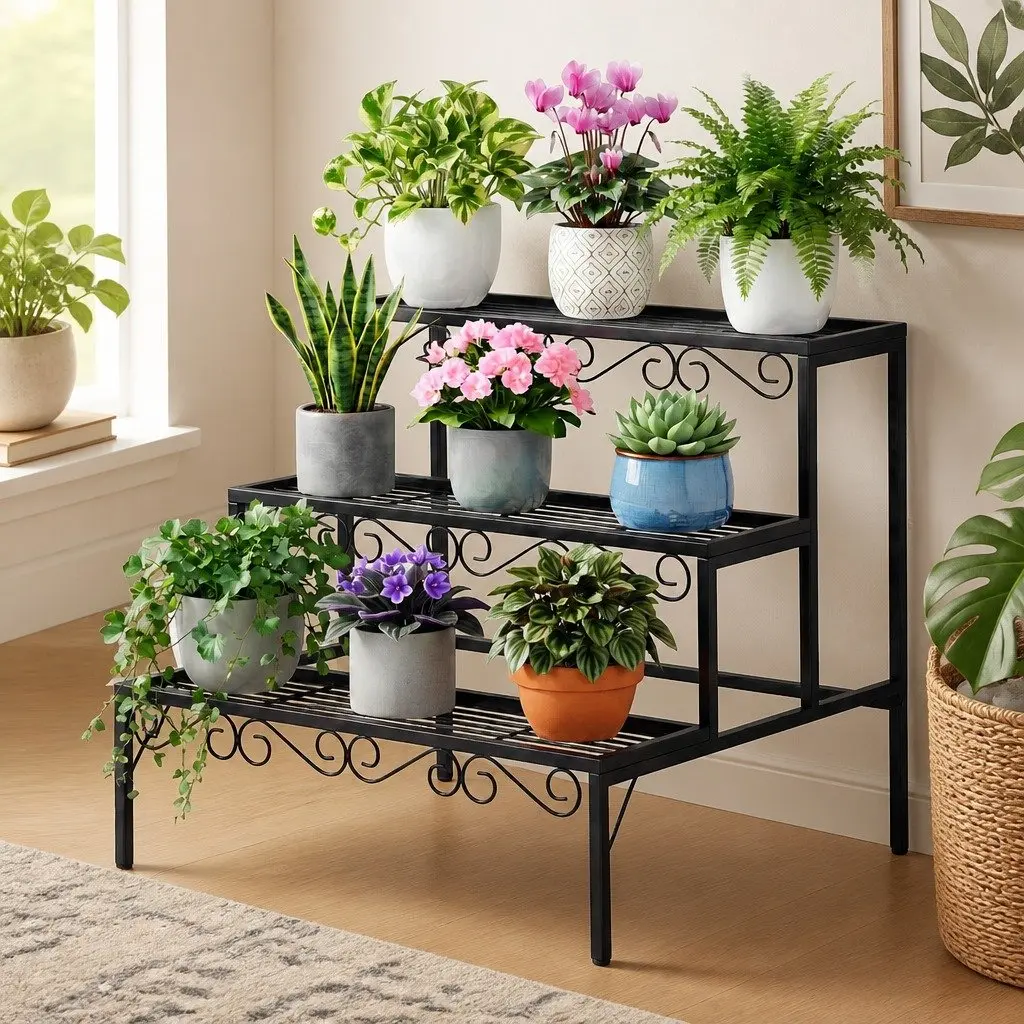 3 Tier Metal Plant Stand Corner Shelf Flower Pot Holder Indoor Outdoor Display