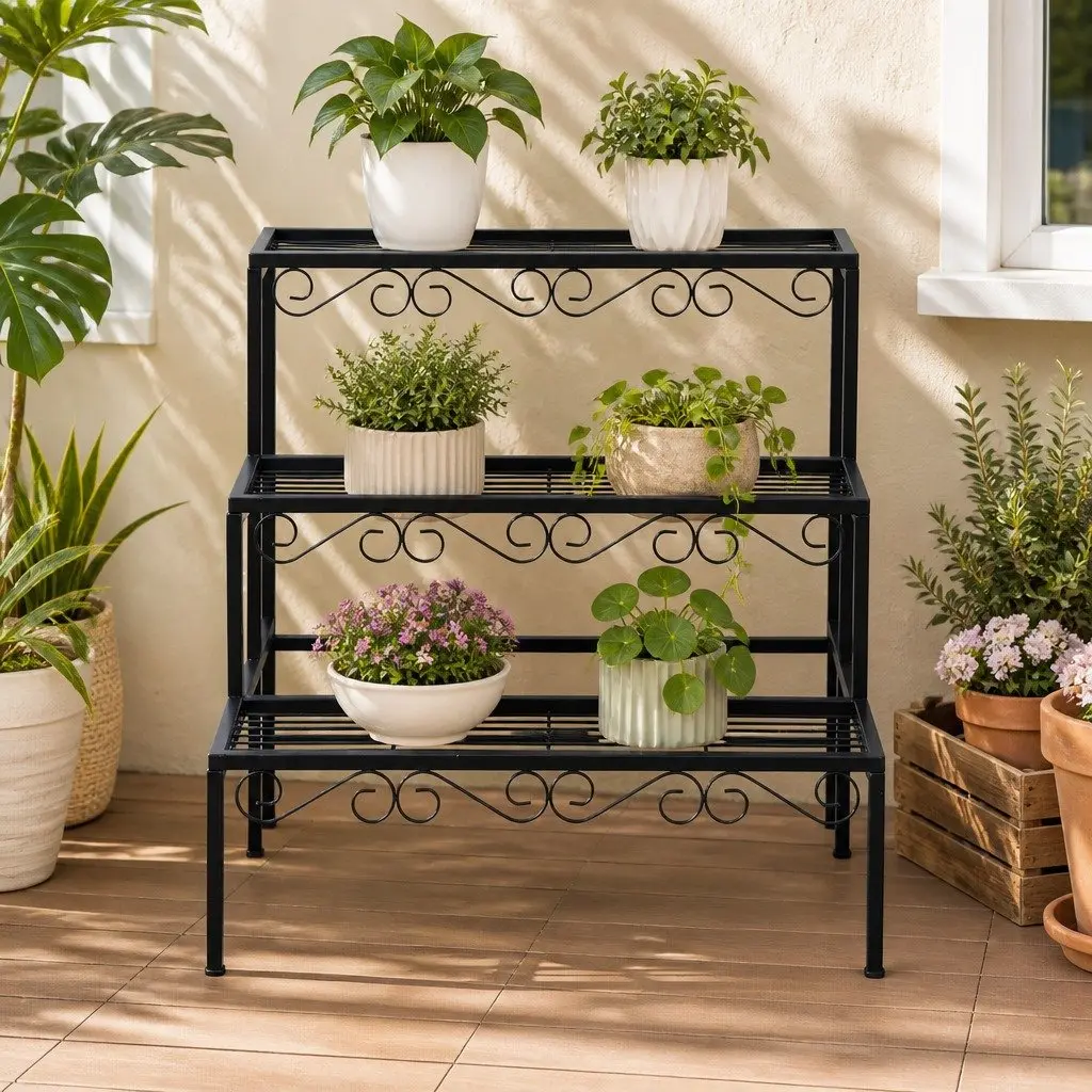 3 Tier Metal Plant Stand Corner Shelf Flower Pot Holder Indoor Outdoor Display