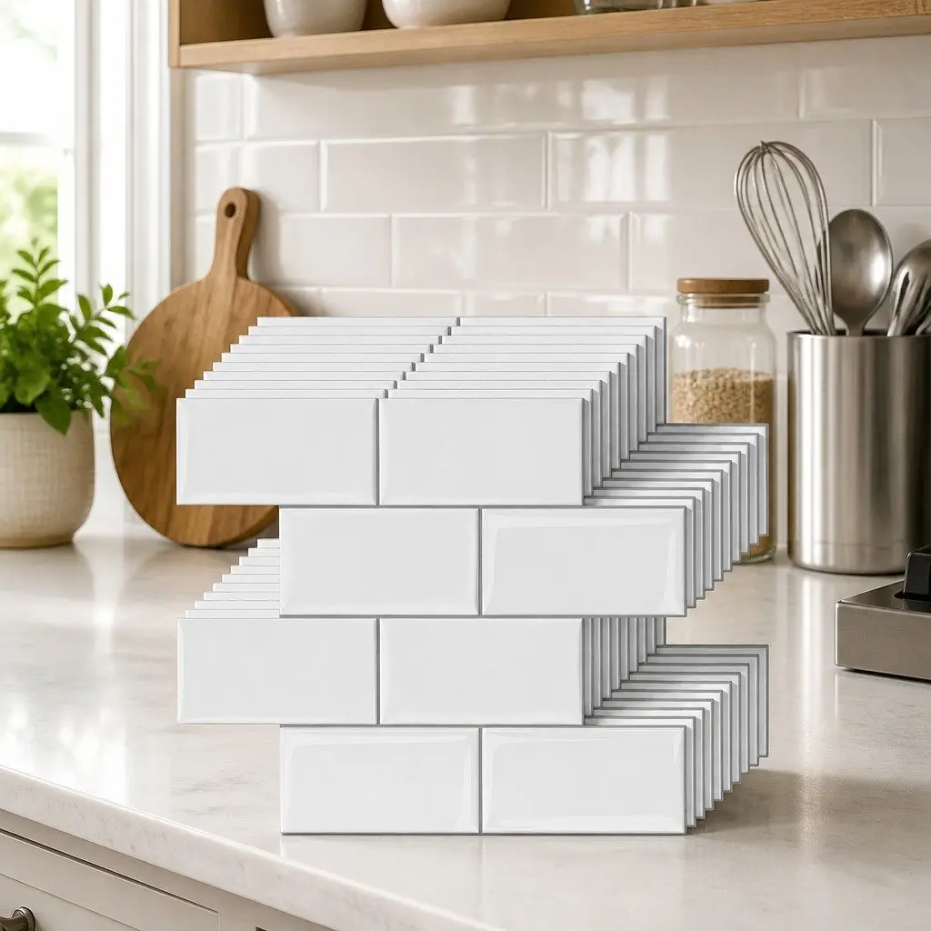 Peel and Stick Subway Tiles White 32 x 27 cm 3D Textured Waterproof Self-Adhesive
