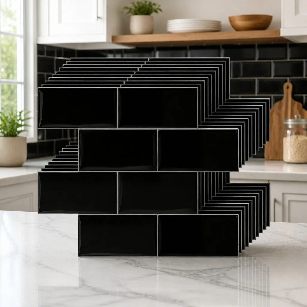 3D Peel and Stick Subway Tiles Black 32 x 27 cm Realistic Textured Surface Self Adhesive