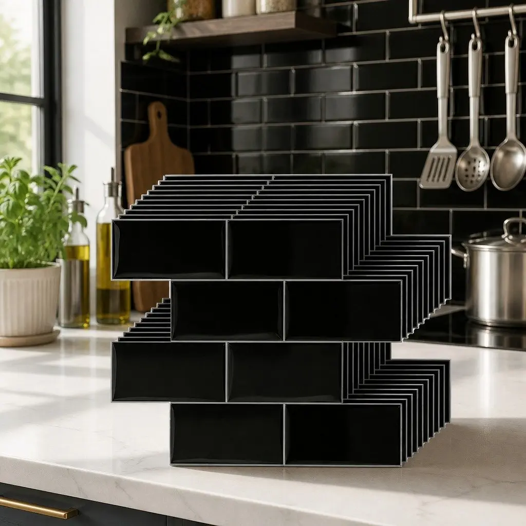 3D Peel and Stick Subway Tiles Black 32 x 27 cm Realistic Textured Surface Self Adhesive