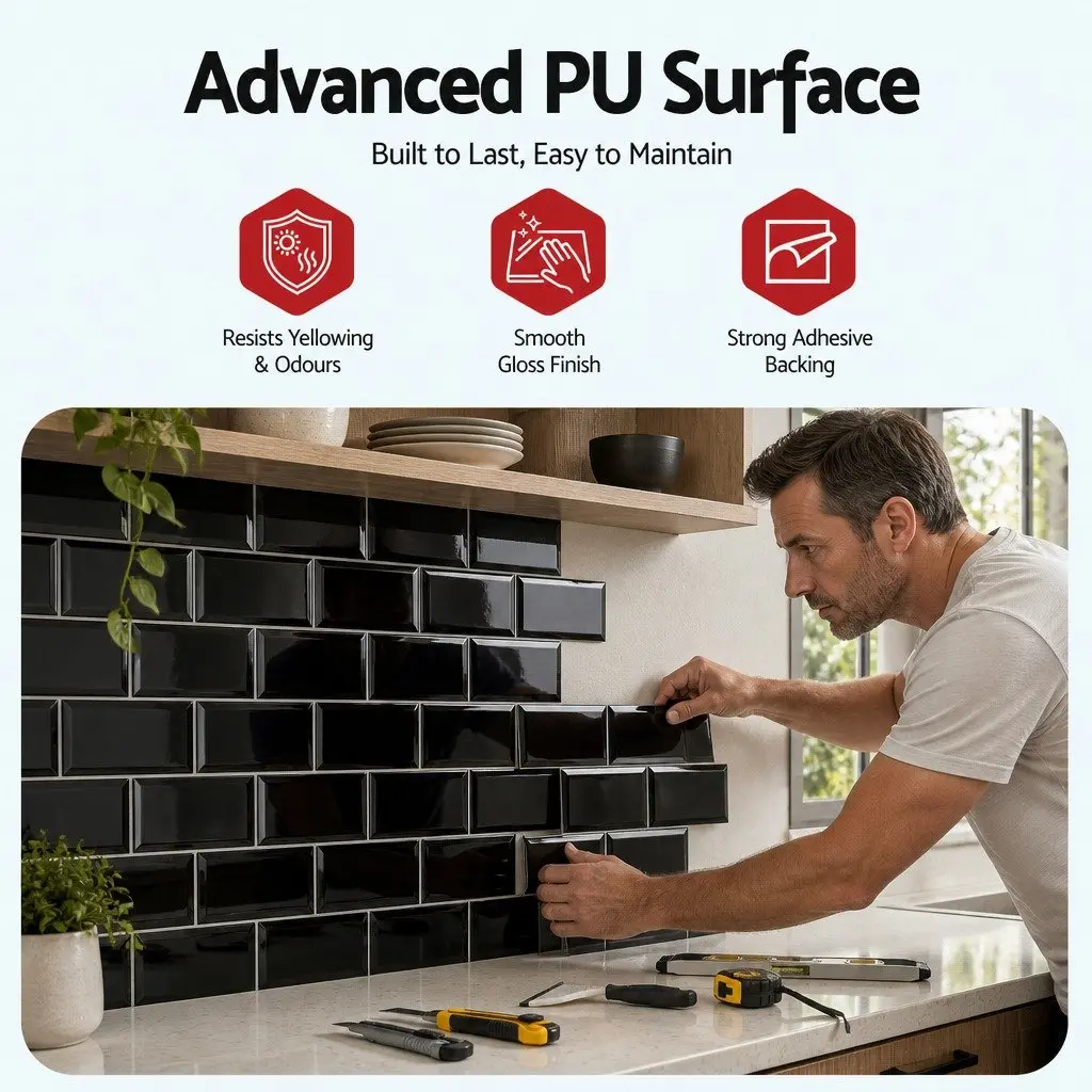 3D Peel and Stick Subway Tiles Black 32 x 27 cm Realistic Textured Surface Self Adhesive