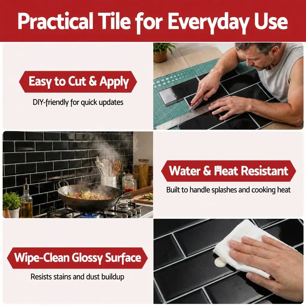 3D Peel and Stick Subway Tiles Black 32 x 27 cm Realistic Textured Surface Self Adhesive