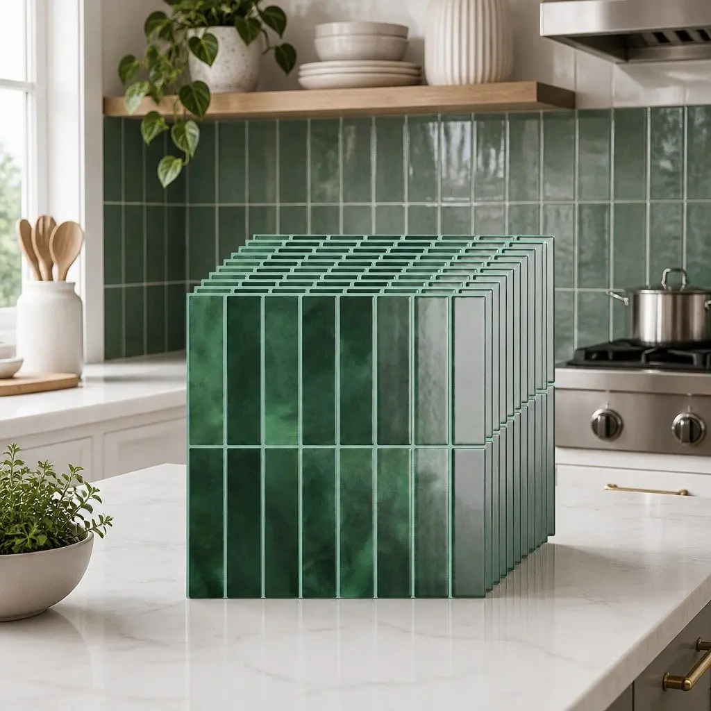 3D Peel and Stick Wall Tiles Green 30.5 x 30.5 cm Self Adhesive LinearGrid Subway Backsplash