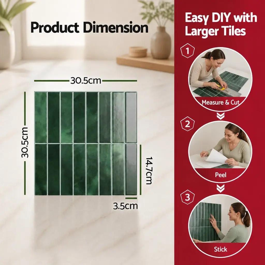3D Peel and Stick Wall Tiles Green 30.5 x 30.5 cm Self Adhesive LinearGrid Subway Backsplash