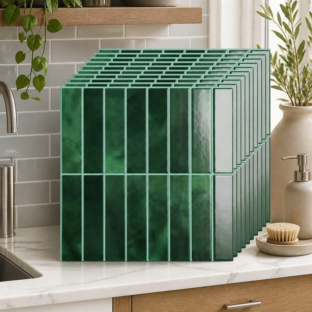 3D Peel and Stick Wall Tiles Green 30.5 x 30.5 cm Self Adhesive LinearGrid Subway Backsplash