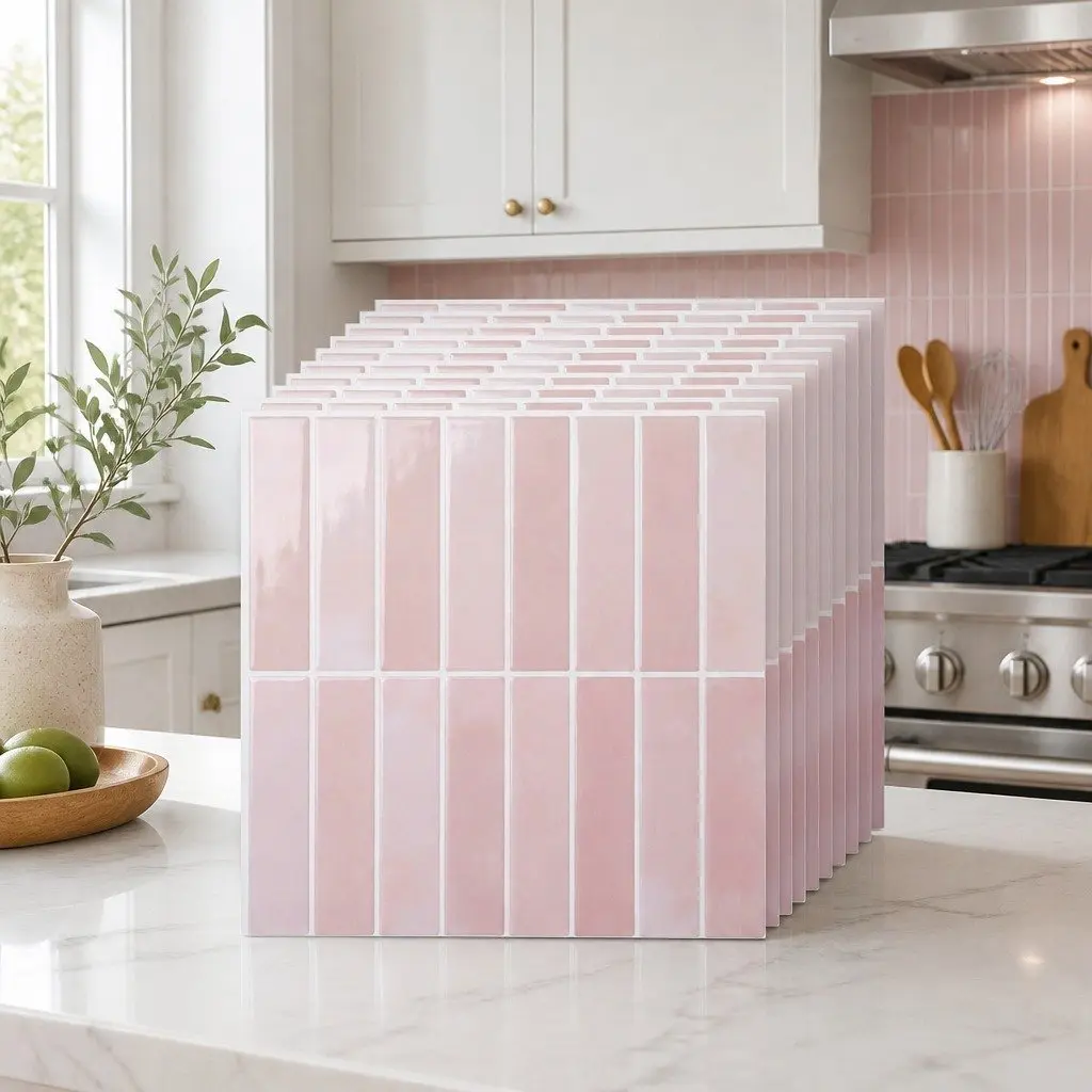 3D Peel and Stick Wall Tiles Pink LinearGrid Subway Backsplash Self Adhesive 10