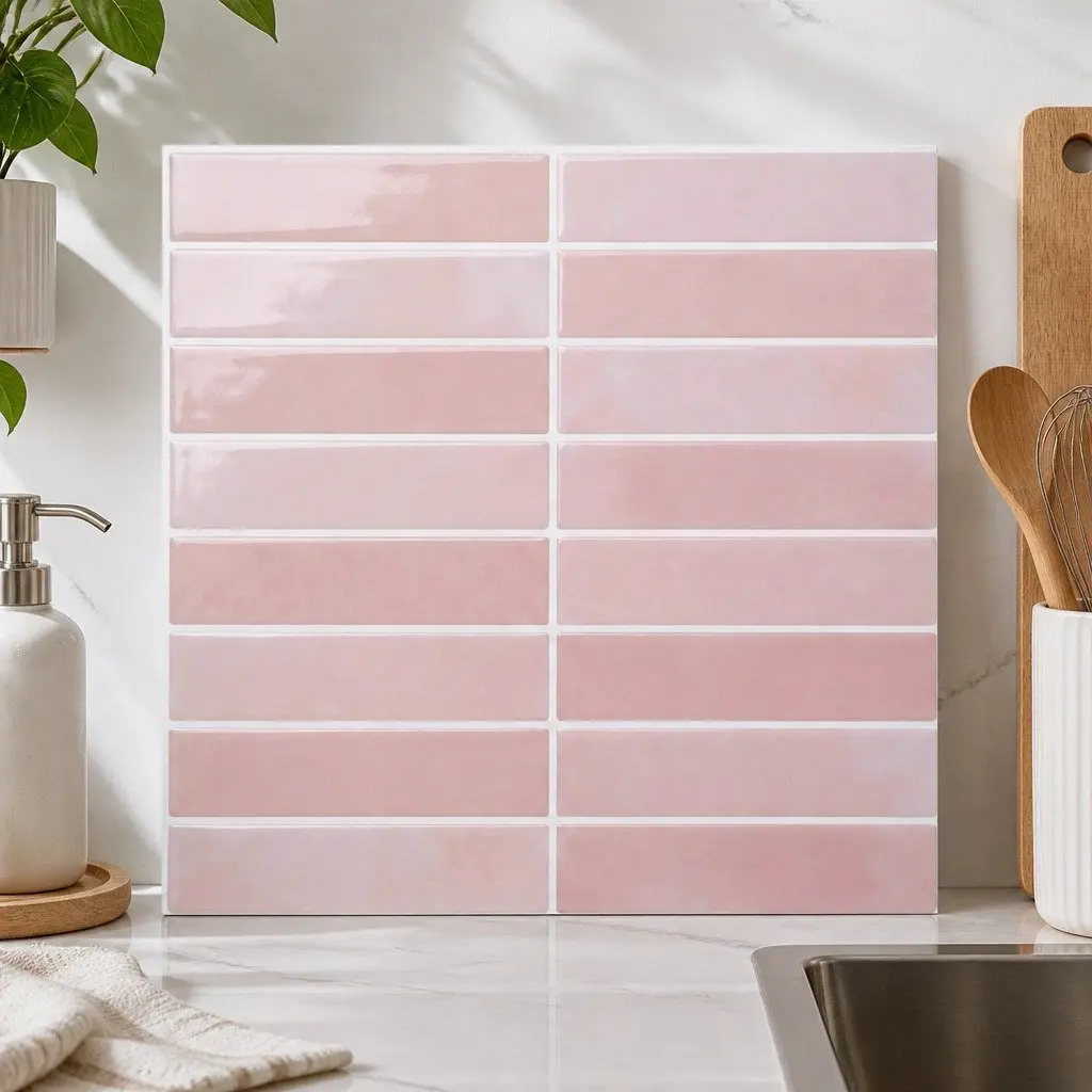3D Peel and Stick Wall Tiles Pink LinearGrid Subway Backsplash Self Adhesive 10