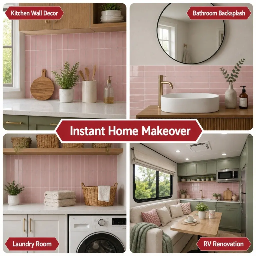 3D Peel and Stick Wall Tiles Pink LinearGrid Subway Backsplash Self Adhesive 10
