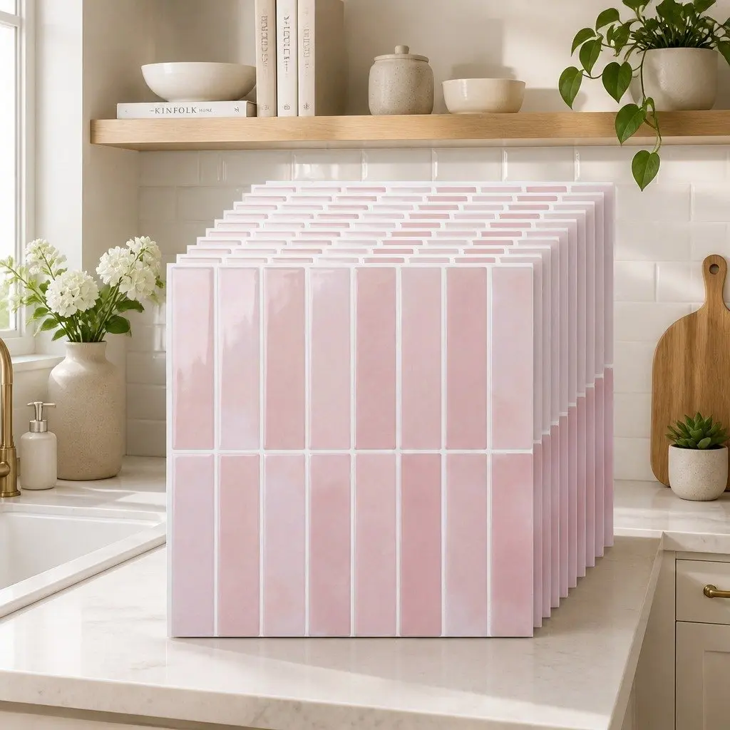 3D Peel and Stick Wall Tiles Pink LinearGrid Subway Backsplash Self Adhesive 10