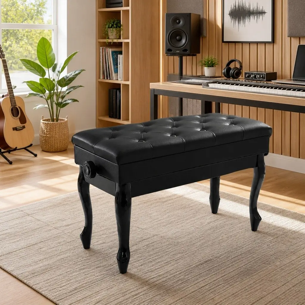 Piano Bench Black Adjustable Height Storage Keyboard Seat