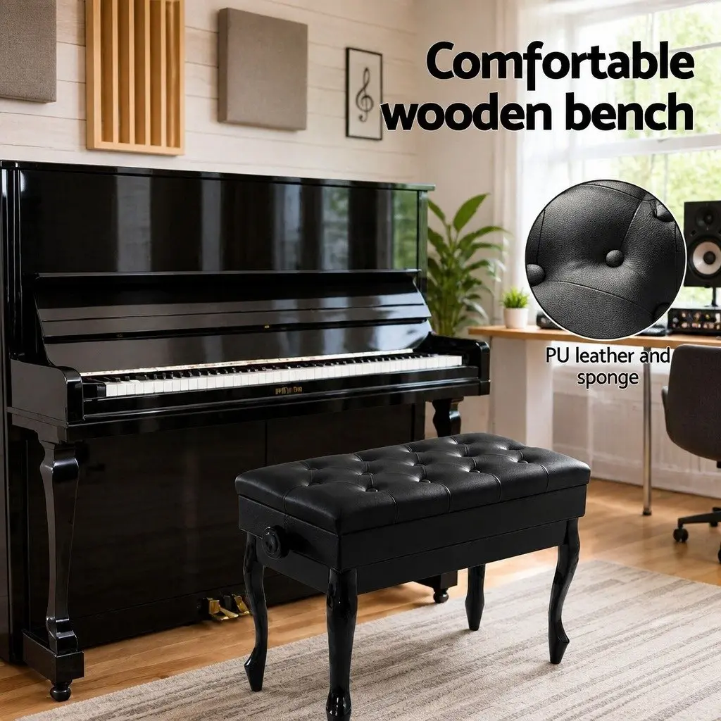 Piano Bench Black Adjustable Height Storage Keyboard Seat
