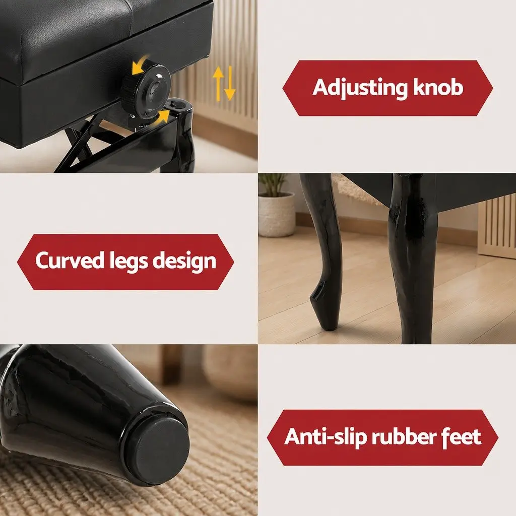 Piano Bench Black Adjustable Height Storage Keyboard Seat