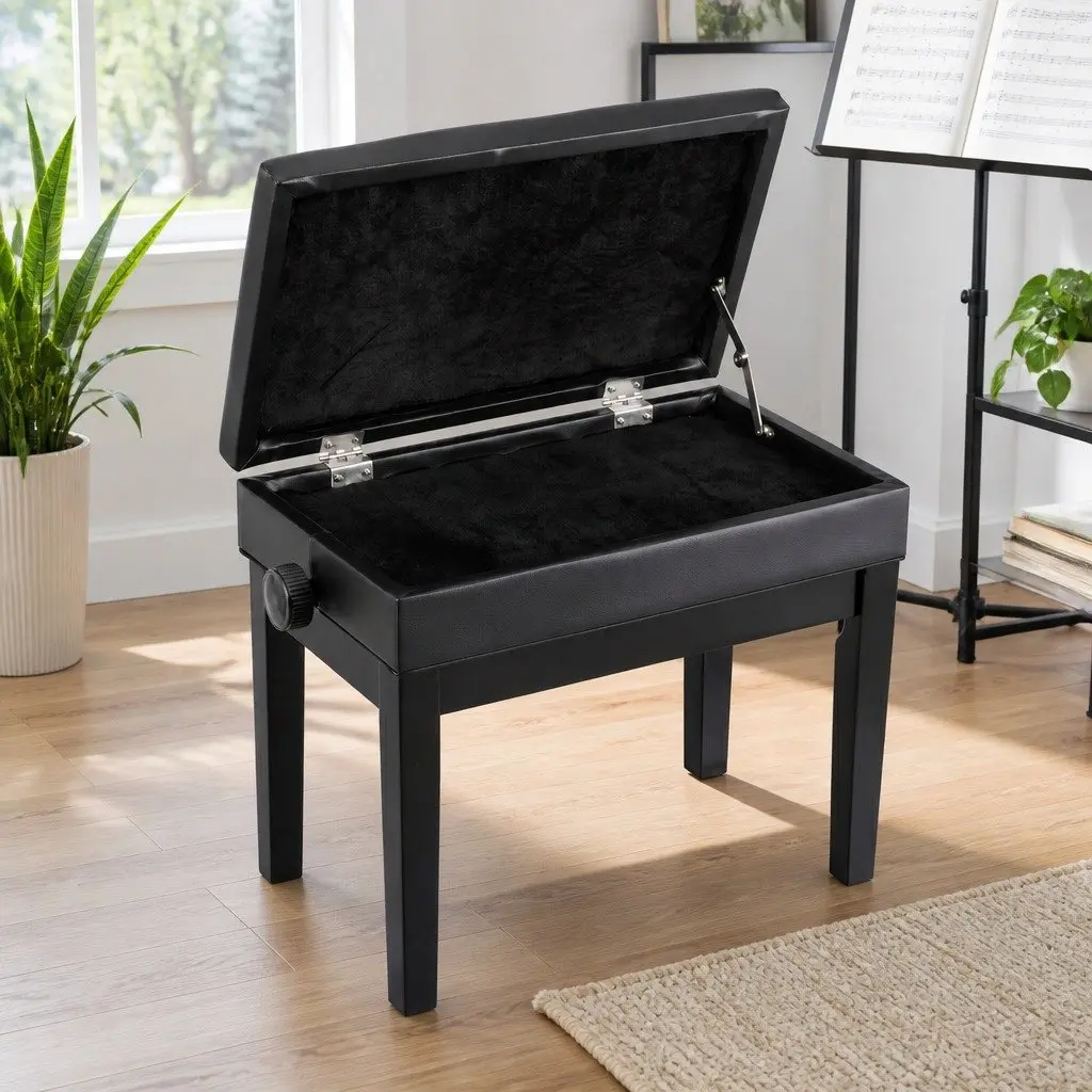 Adjustable Piano Bench Black Wooden Keyboard Seat Padded with Storage