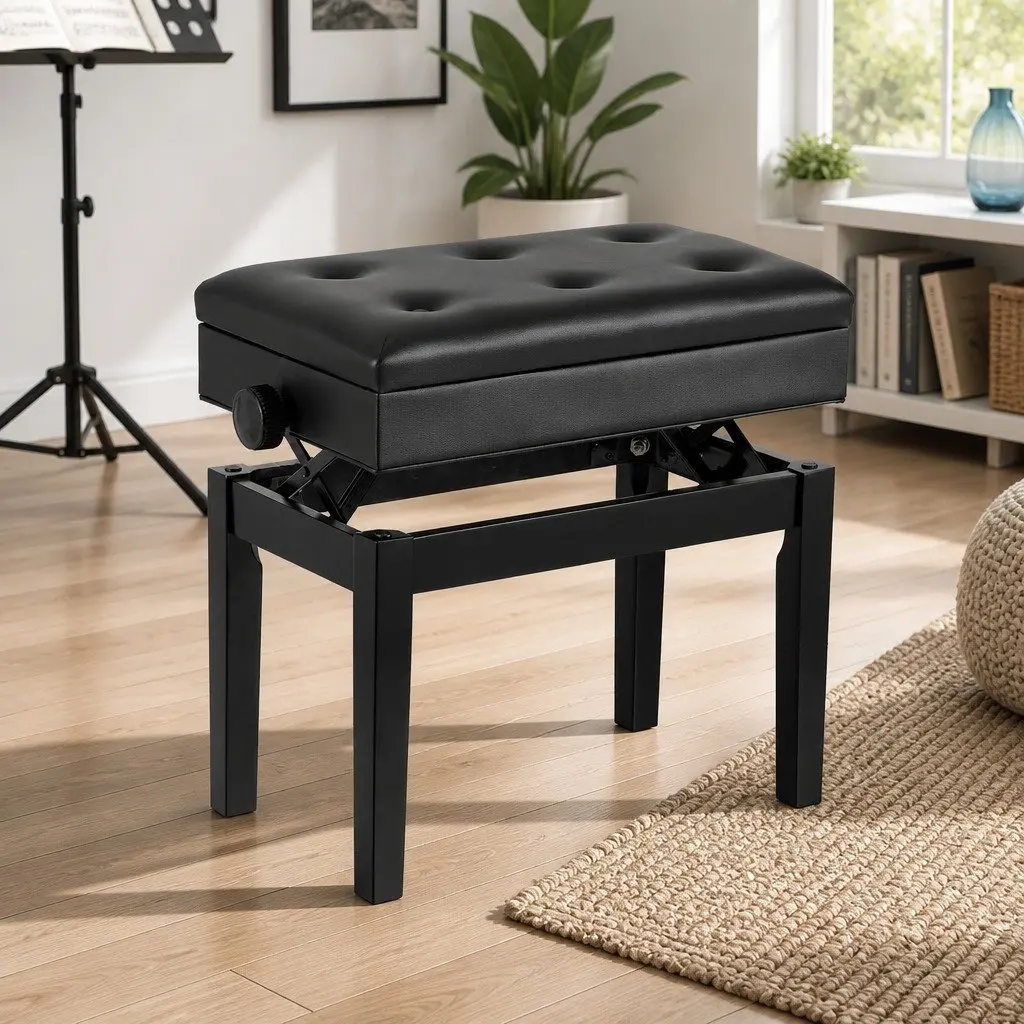 Adjustable Piano Bench Black Wooden Keyboard Seat Padded with Storage