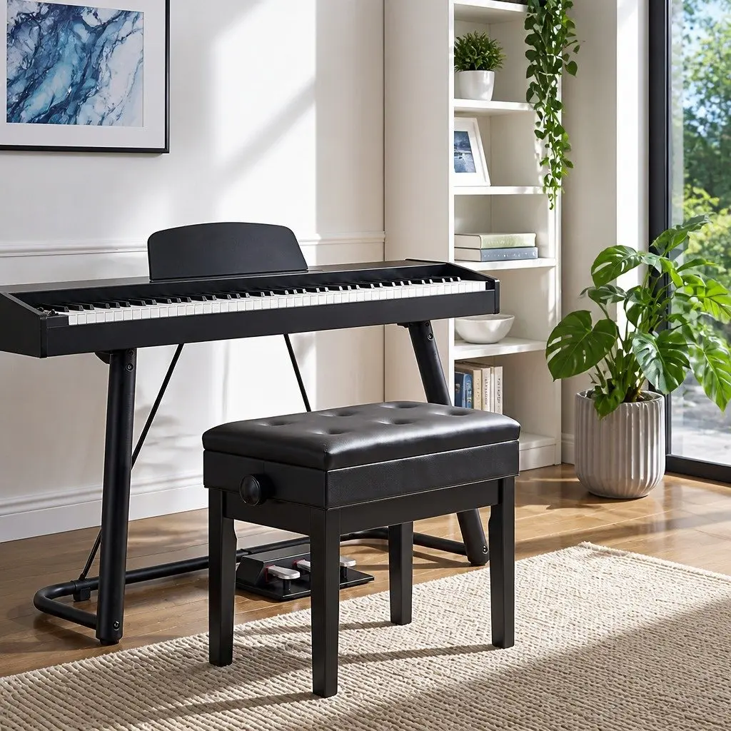 Adjustable Piano Bench Black Wooden Keyboard Seat Padded with Storage