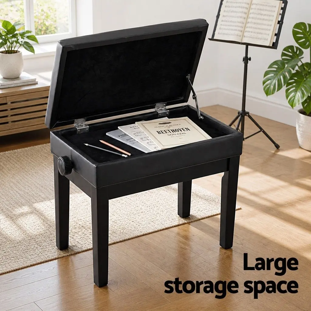 Adjustable Piano Bench Black Wooden Keyboard Seat Padded with Storage