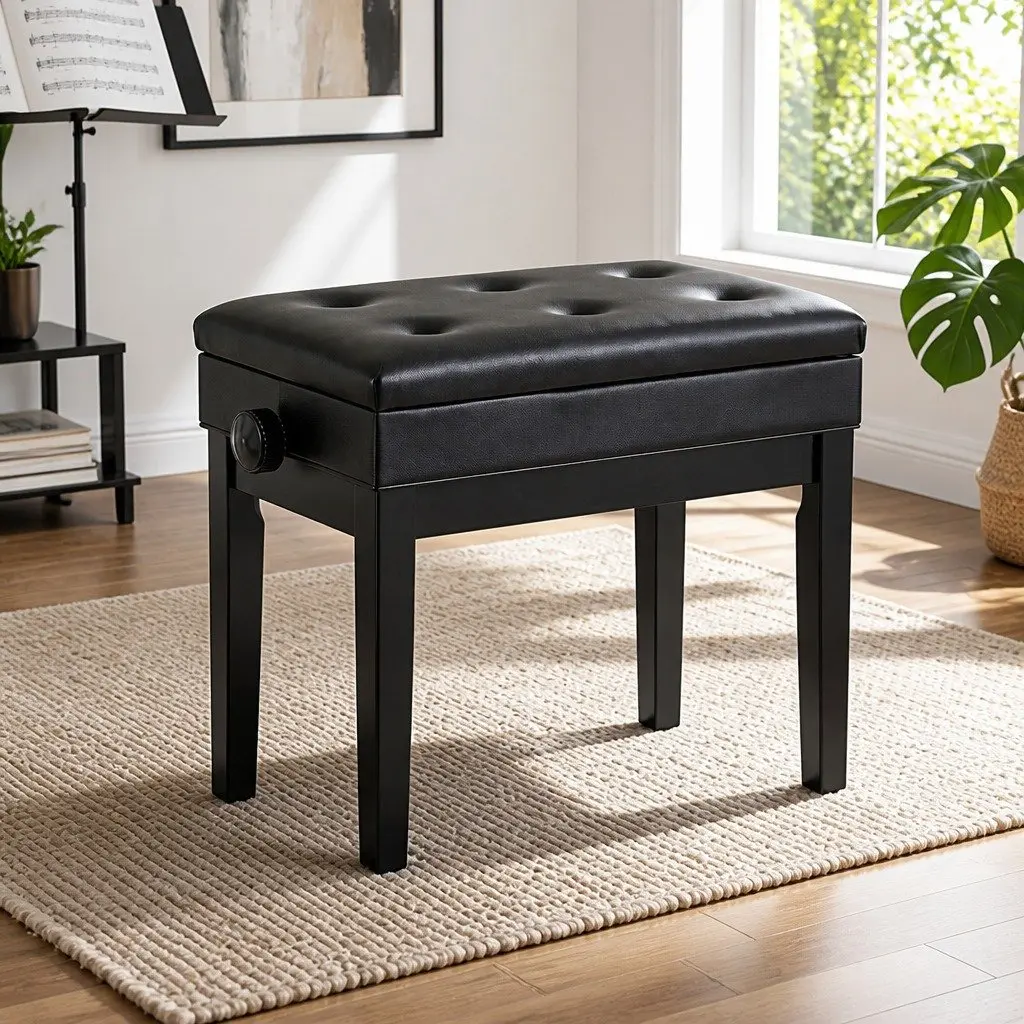 Adjustable Piano Bench Black Wooden Keyboard Seat Padded with Storage