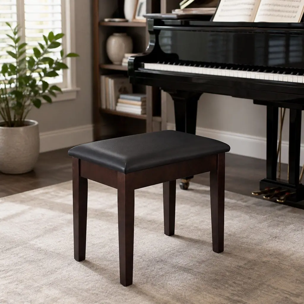 Piano Bench Stool Brown Solid Wood Frame PU Leather Seat Cushion with Storage