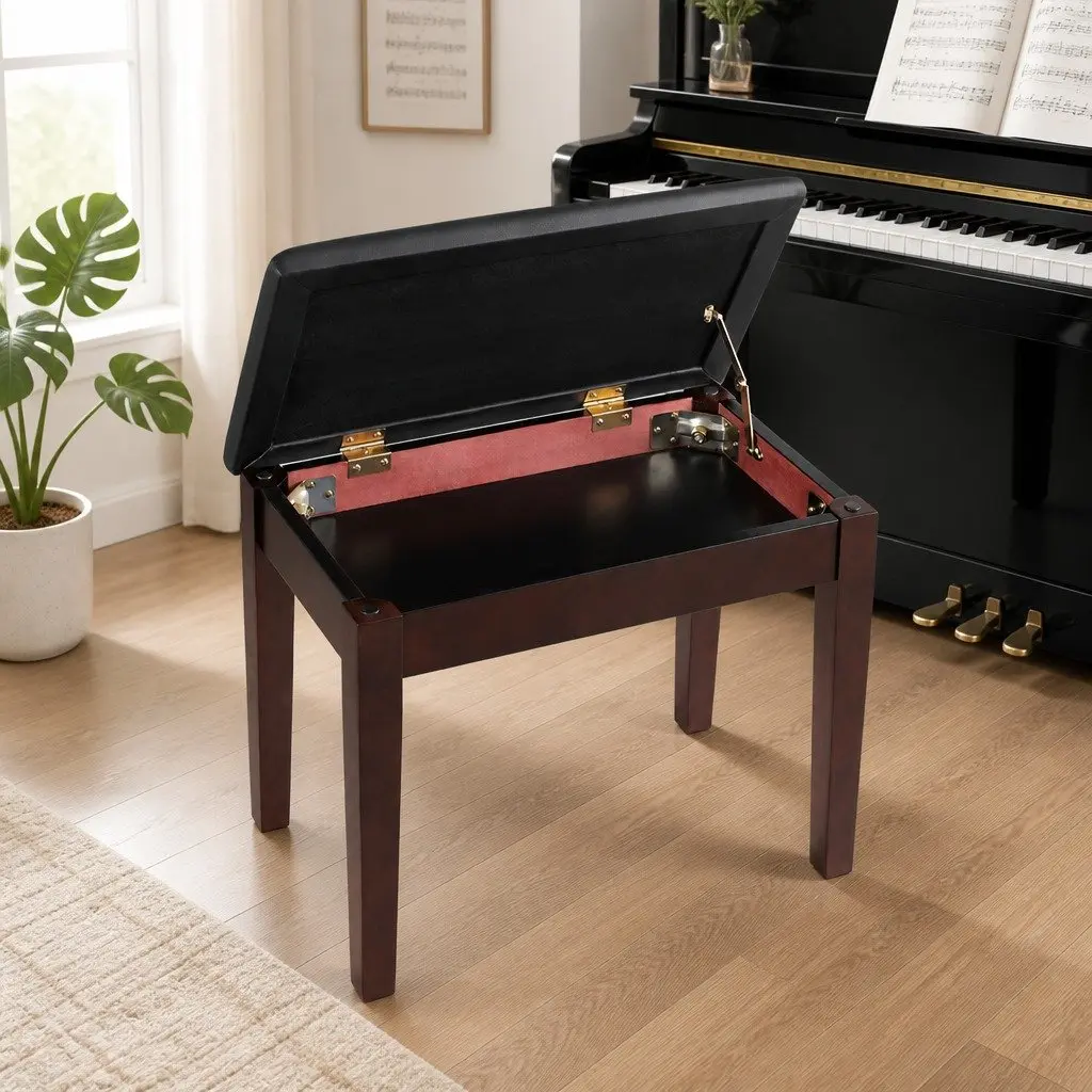 Piano Bench Stool Brown Solid Wood Frame PU Leather Seat Cushion with Storage