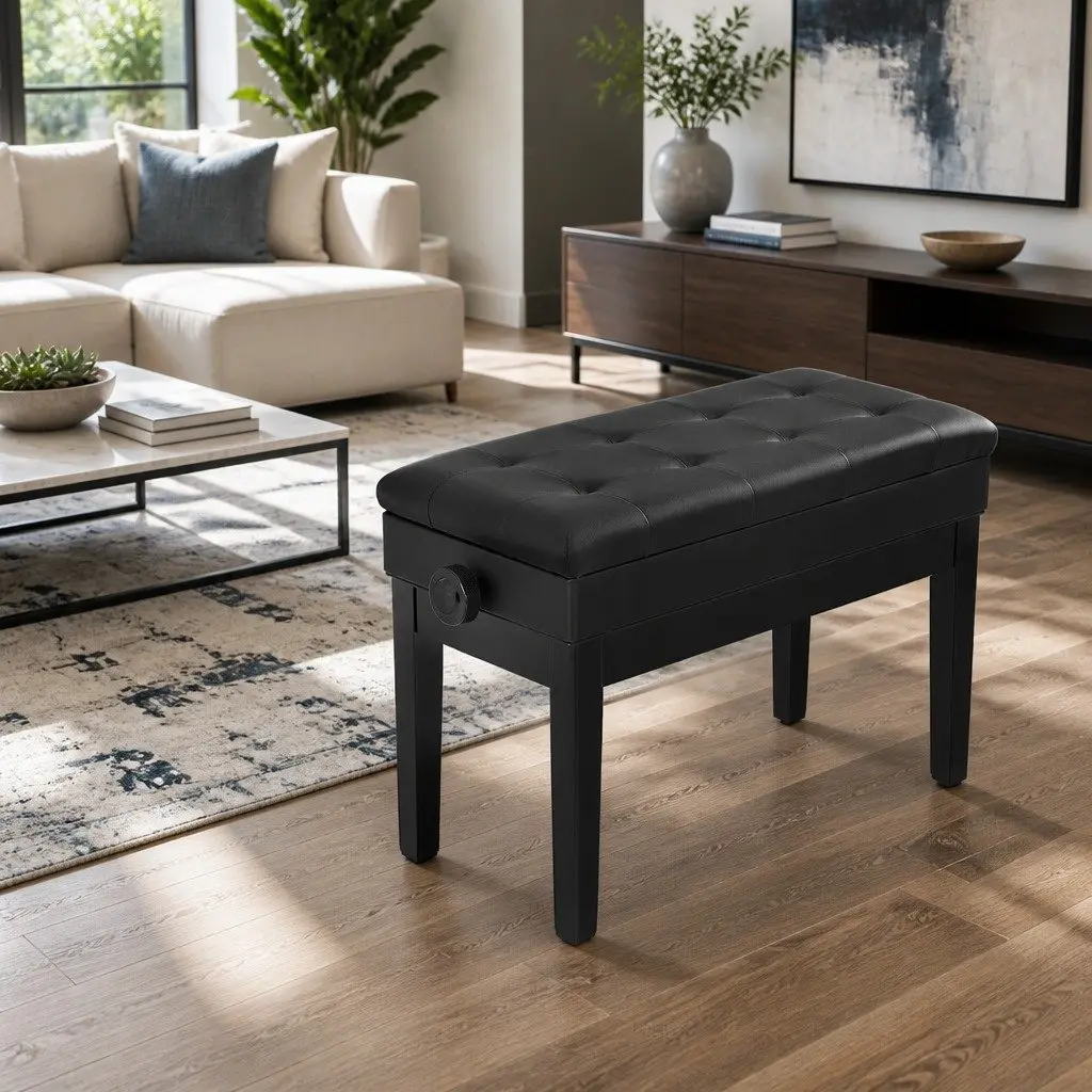 Piano Bench Black Adjustable Height with Storage
