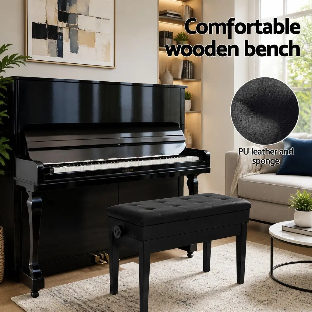 Piano Bench Black Adjustable Height with Storage