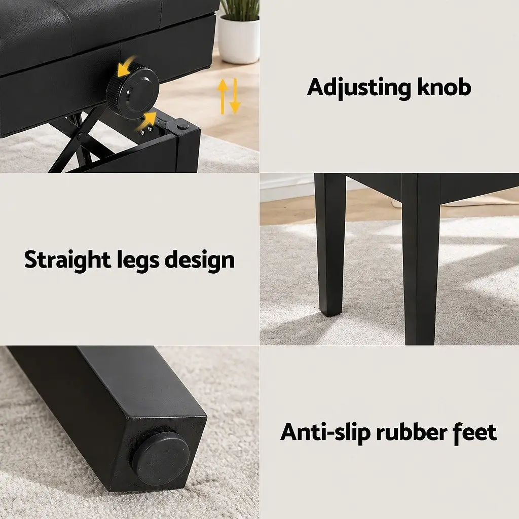 Piano Bench Black Adjustable Height with Storage