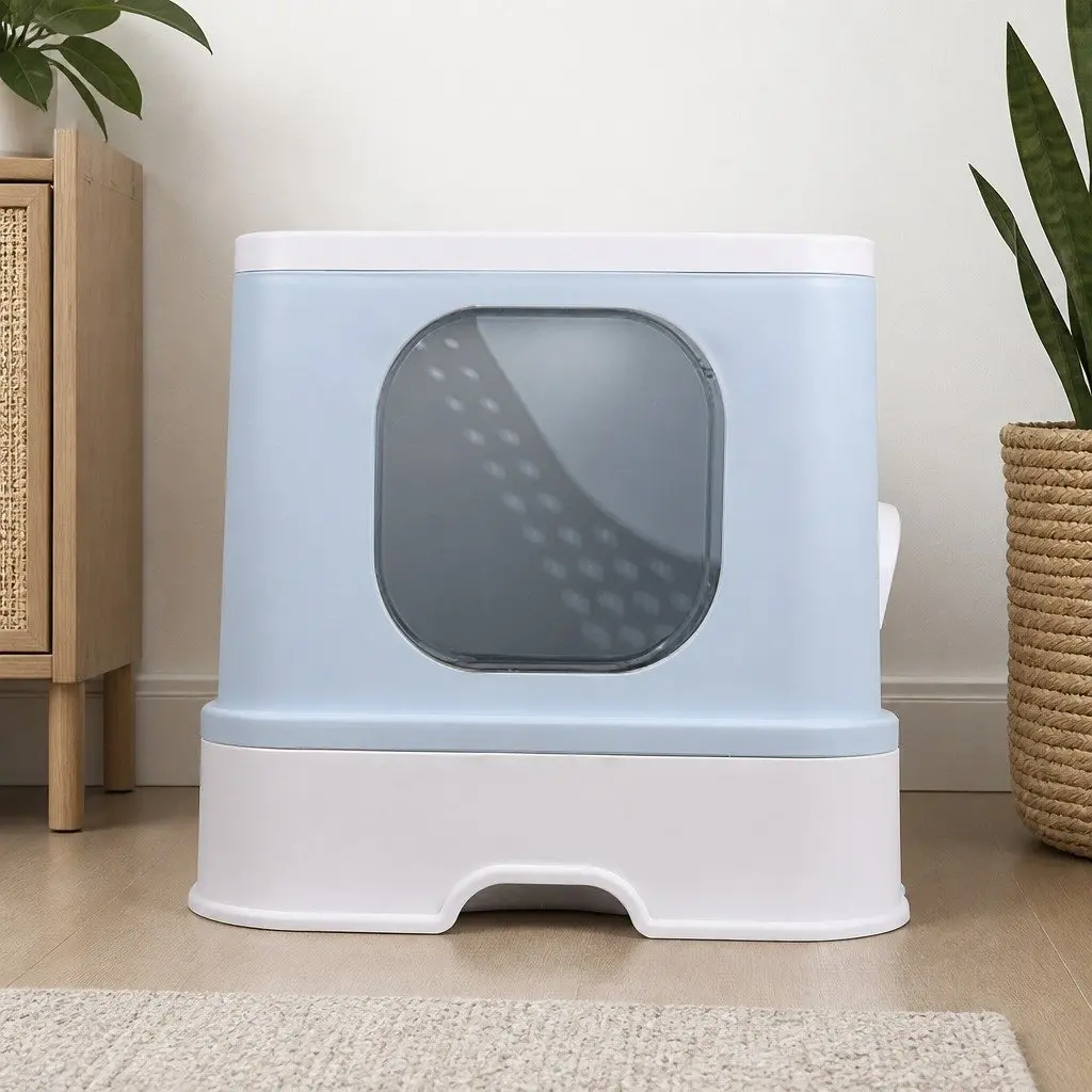 Enclosed Cat Litter Box Double Door Privacy Kitty Tray Large Spacious Blue