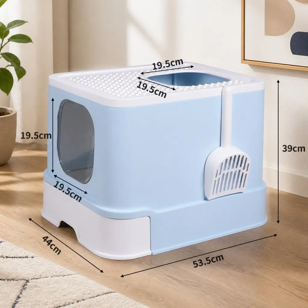 Enclosed Cat Litter Box Double Door Privacy Kitty Tray Large Spacious Blue
