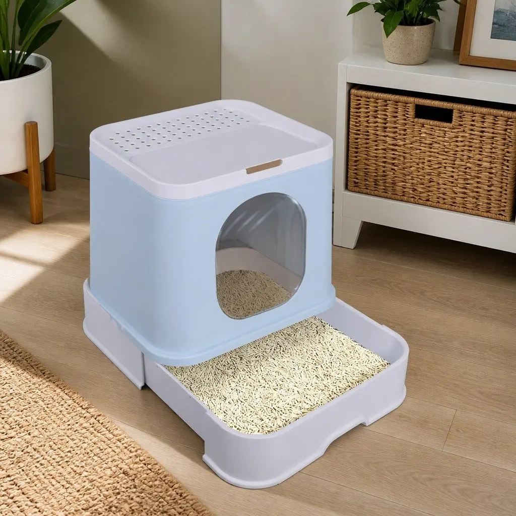 Enclosed Cat Litter Box Double Door Privacy Kitty Tray Large Spacious Blue