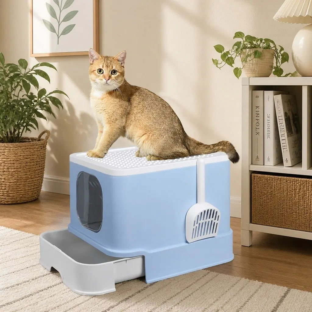 Enclosed Cat Litter Box Double Door Privacy Kitty Tray Large Spacious Blue